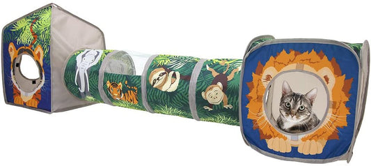 Cat toy tunnel with jungle-themed design and a cat illustration on a white background