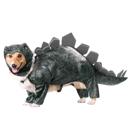 Dog wearing a Stegosaurus costume on a white background