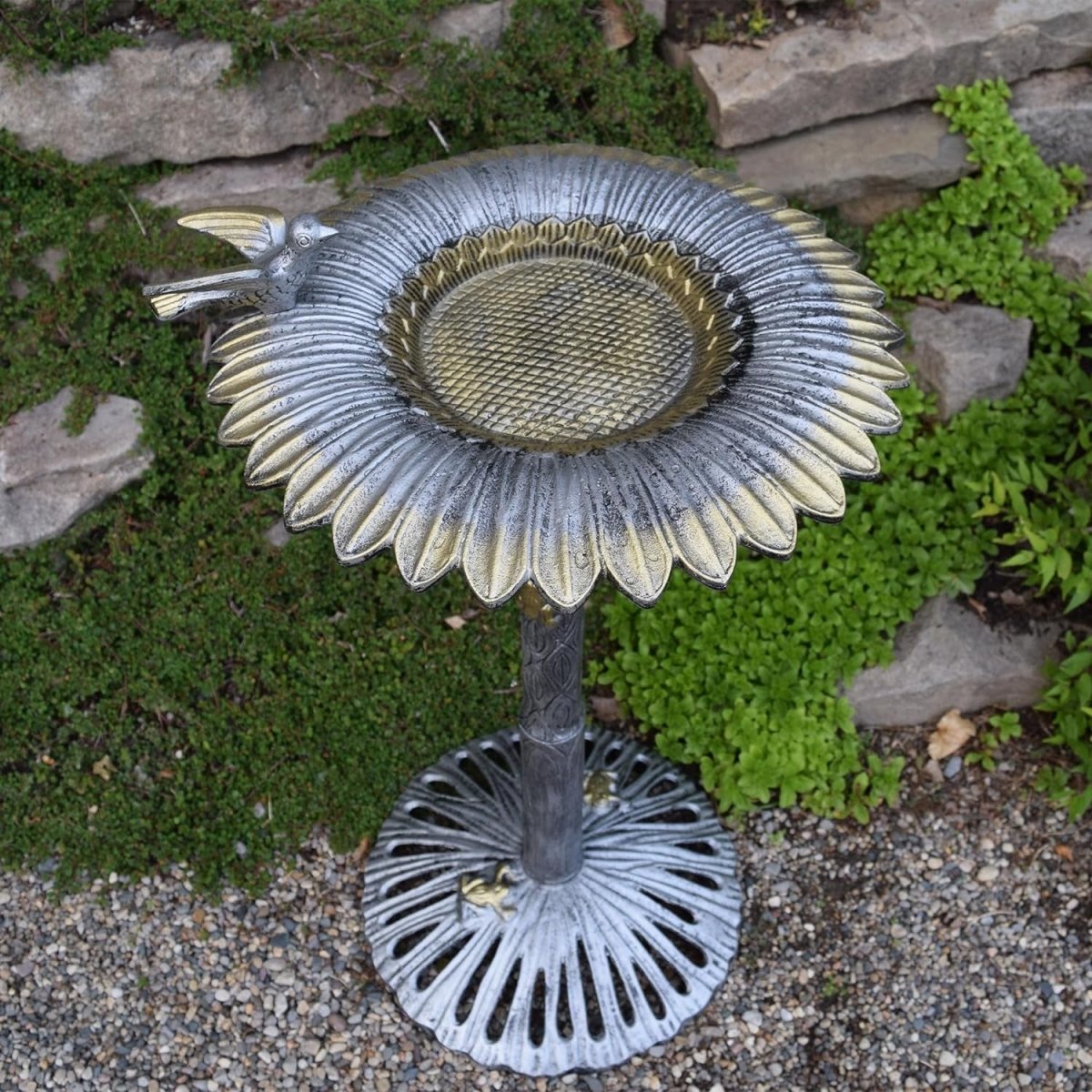 Antique Pewter Sunflower Cast Aluminum Bird Bath | 30.25"H | Weather-Resistant | Silver & Gold | Outdoor Garden Decor MJ's Pet Closet