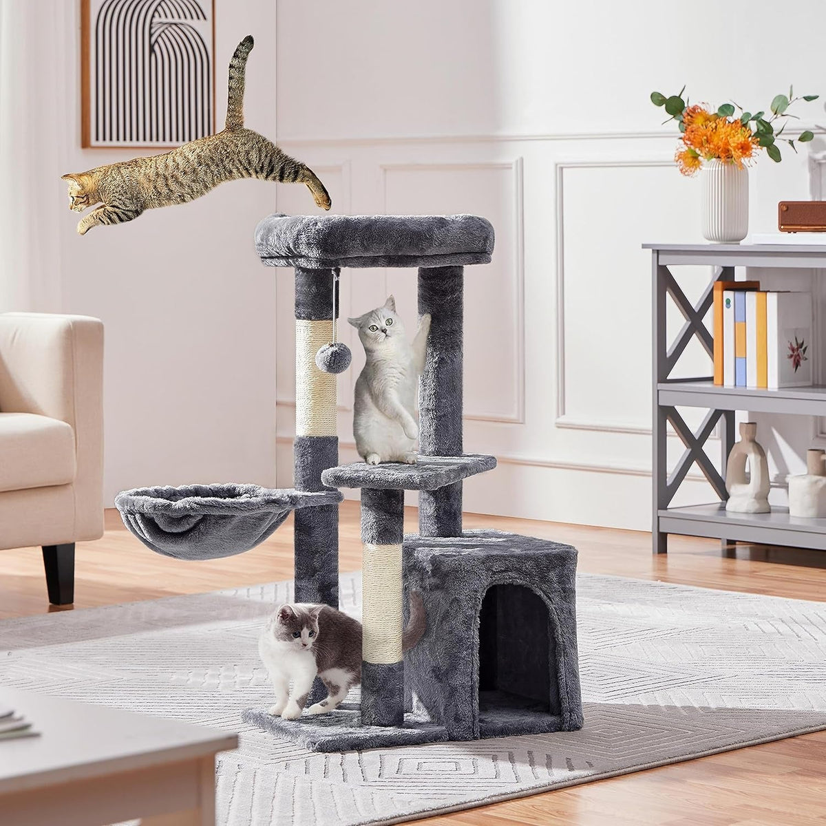 34" Multi-Level Cat Tree with Condo, Scratching Posts, Basket & Sisal Scratch Boards – Dark Gray MJ's Pet Closet