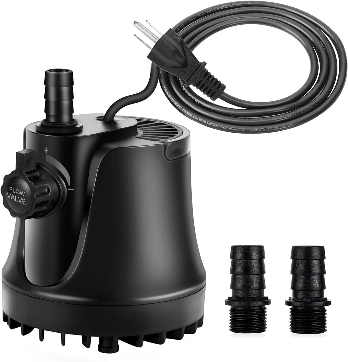 Black pump with power cord and connectors on a white background
