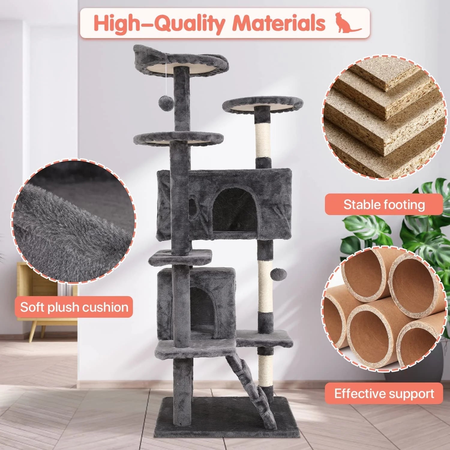 NiamVelo 54" Double Condo Cat Tree – Ashy, Sturdy 4-Floor Design MJ's Pet Closet