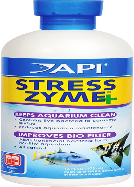 API Stress Zyme+ bottle for aquariums with blue and white label