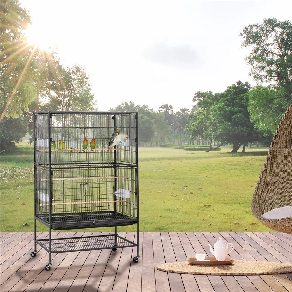 Yaheetech 52"H Rolling Metal Bird Cage | 3 Wood Perches, 4 Feeders & Storage Shelf | Small to Medium Birds | Black MJ's Pet Closet