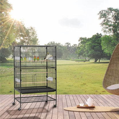 52''H Metal Rolling Bird Cage with 3 Perches & 4 Feeders & Extra Storage Shelf, Black