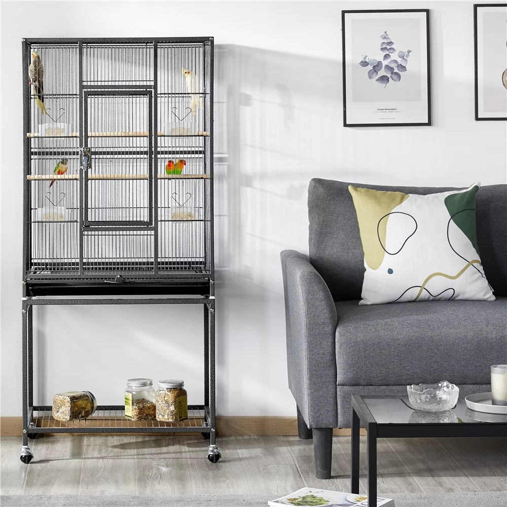 Yaheetech 53.7" Rolling Bird Cage with Stand – Large Cage for Conures, Parakeets, Cockatiels & Small Birds | Hammered Black MJ's Pet Closet