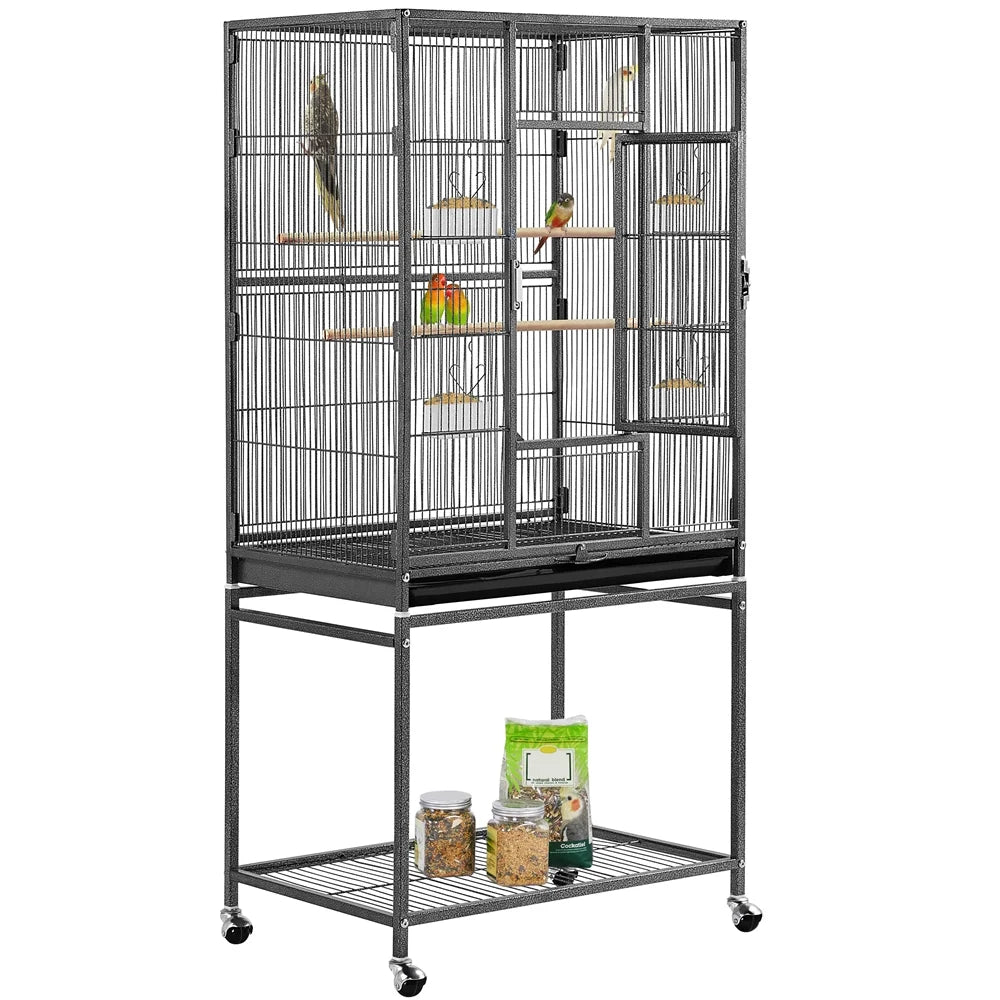 Large bird cage with wheels on a white background