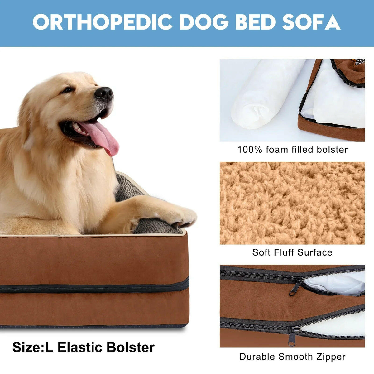 Orthopedic Dog Bed Sofa with Egg Crate Foam & Faux Fur – Bolster Dog Bed with Washable Cover for Small Dogs | 20"x16" | Brown MJ's Pet Closet