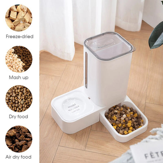 Pet food dispenser with various food types displayed on a wooden floor.