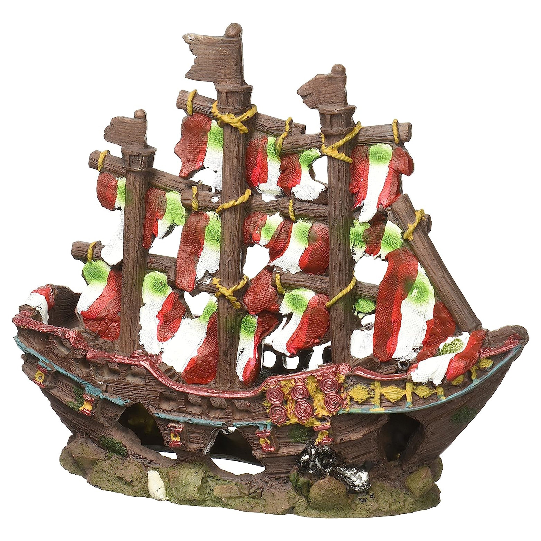 Decorative ship model with red and green accents on a white background