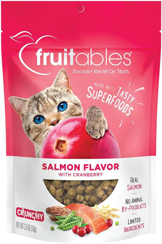 Fruitables cat treats packaging with a cat on a pink background