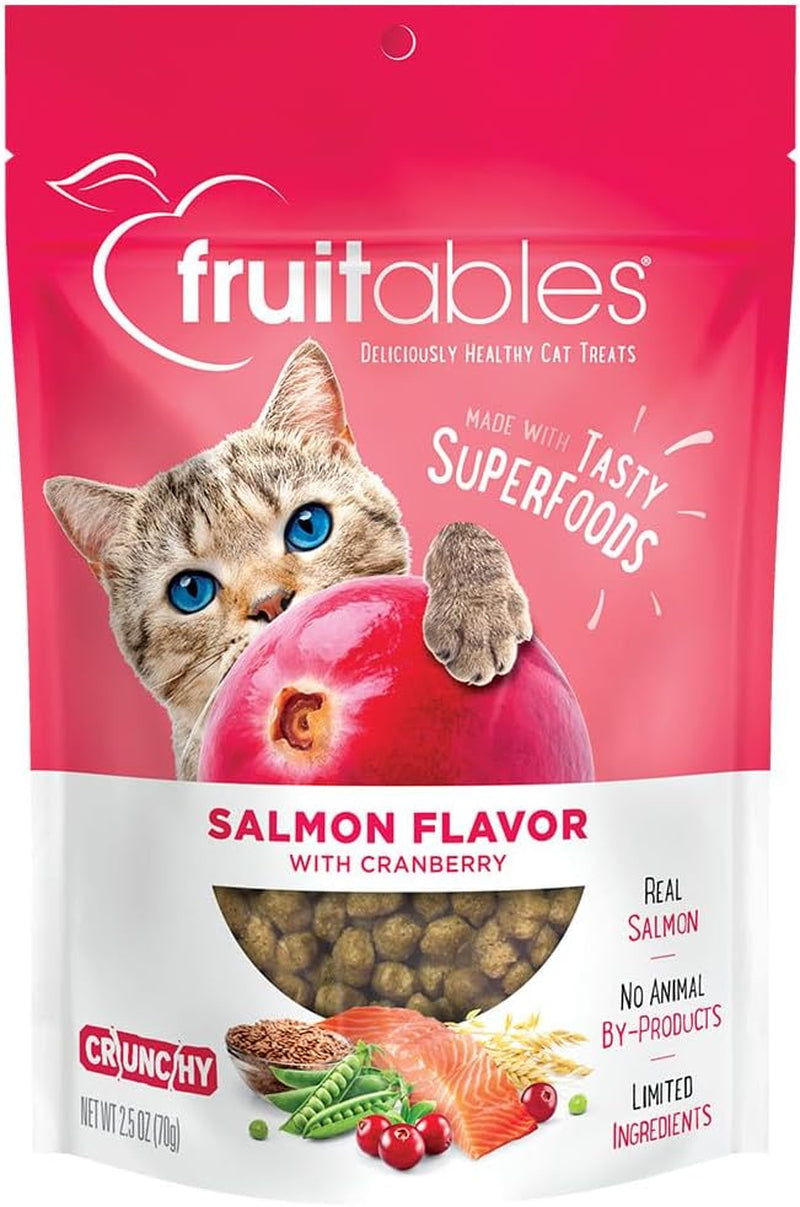 Fruitables cat treats packaging with a cat on a pink background