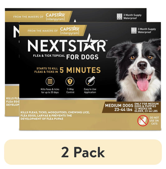 NextStar flea and tick topical for dogs packaging with a dog on it, showing 2-pack quantity.