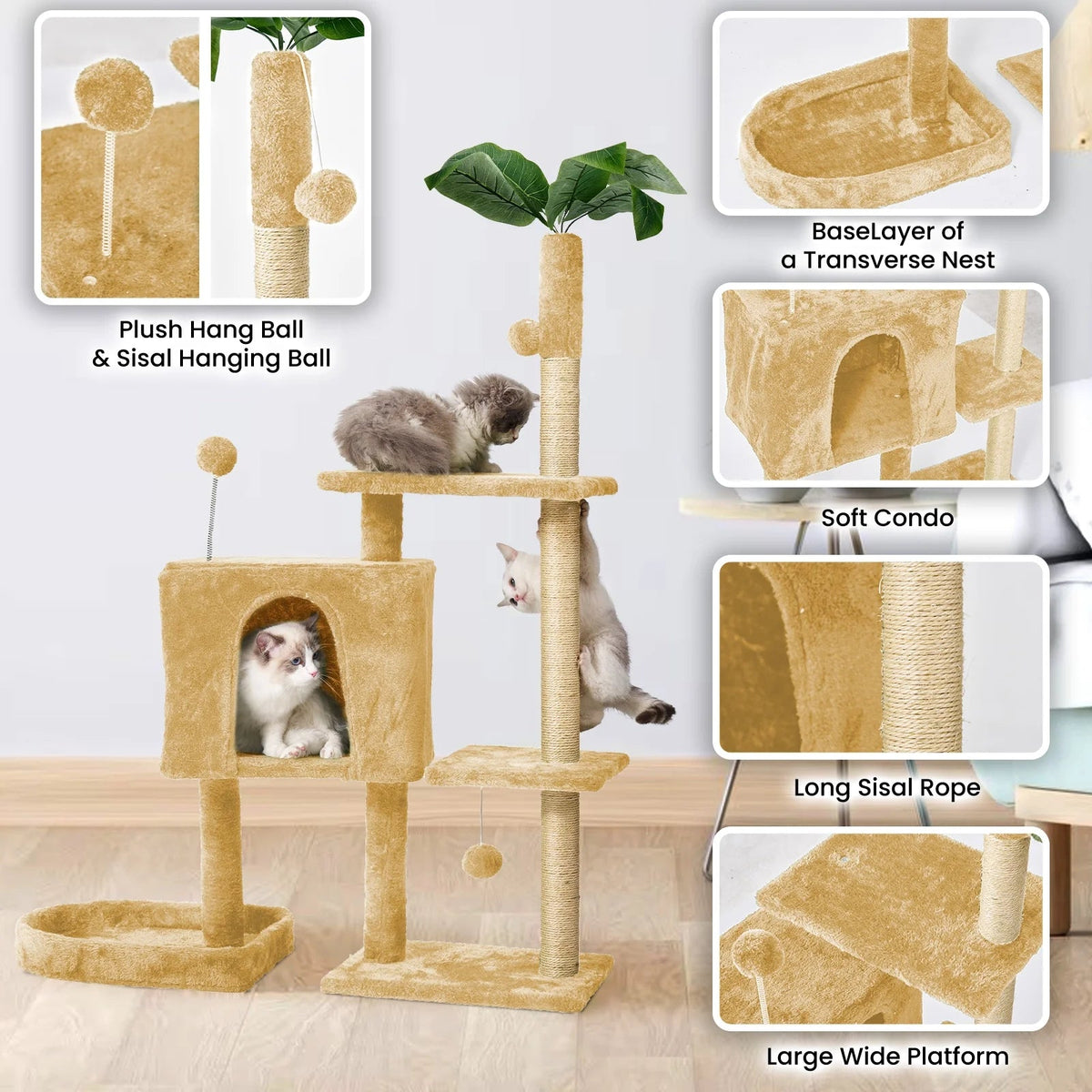 Cat tree with various features and attachments for cats, including a plush hang ball, sisal hanging ball, soft condo, long sisal rope, and large wide platform.