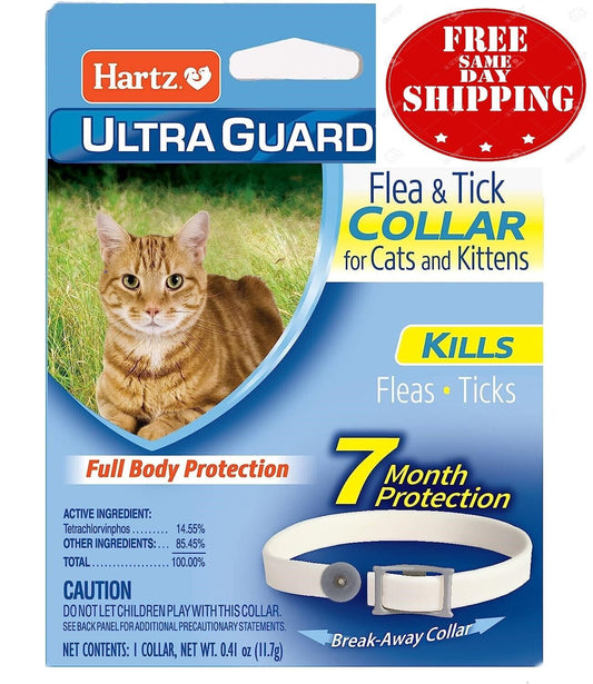 Hartz Ultra Guard flea and tick collar for cats and kittens packaging with a cat on a grassy background.