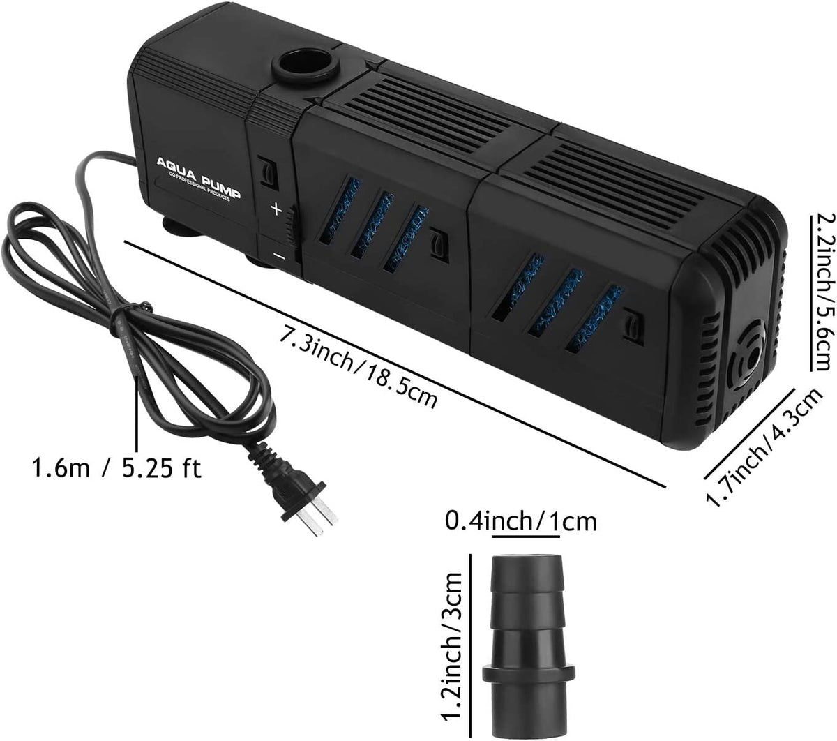 Black aquarium pump with dimensions and cable length labeled on a white background