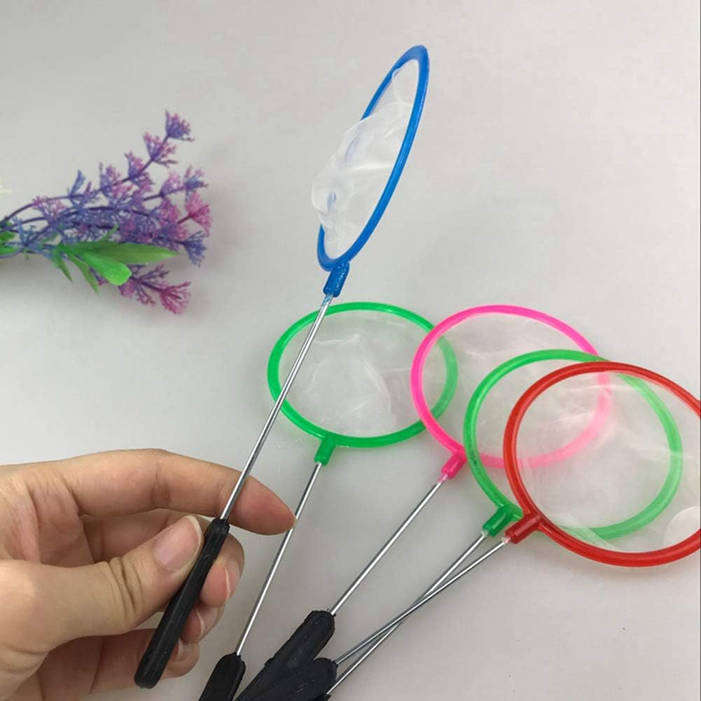 Colorful butterfly nets held by a hand with a white background and purple flowers.