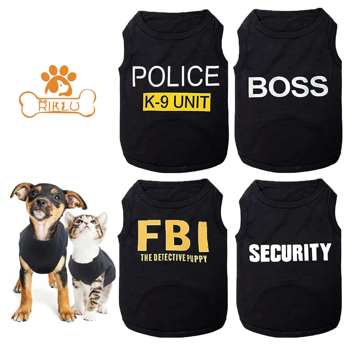 Four black pet shirts with text and two pets wearing the shirts on a white background.