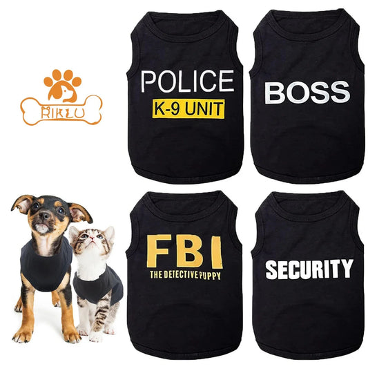 Four black pet shirts with text and two pets wearing the shirts on a white background.