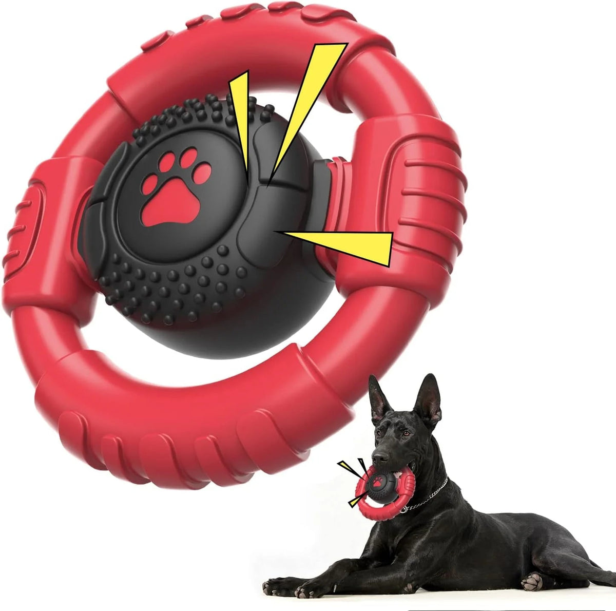 Red and black dog toy with a paw print on a white background, featuring a dog wearing the toy.