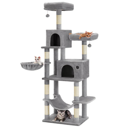 Gray cat tree with multiple levels and a hammock on a white background