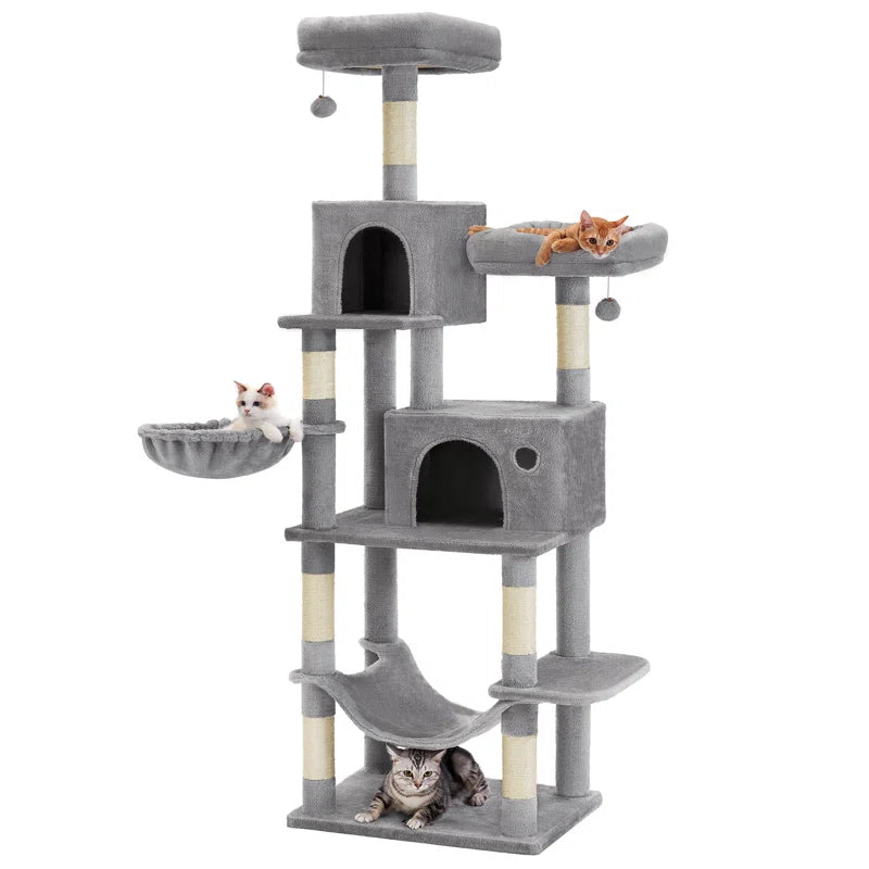 Gray cat tree with multiple levels and a hammock on a white background