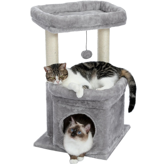 Gray multi-level cat tree condo with scratching posts and perch
