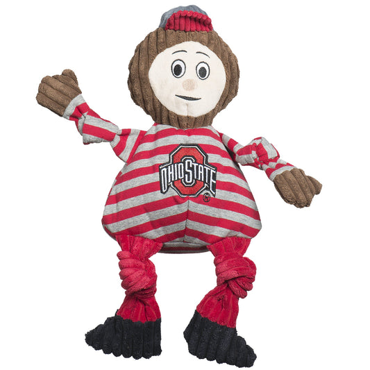 Toy figure in red and gray striped outfit with Ohio State logo on a white background