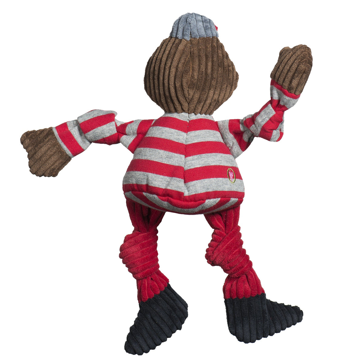 Toy figure with a red and gray striped outfit on a white background