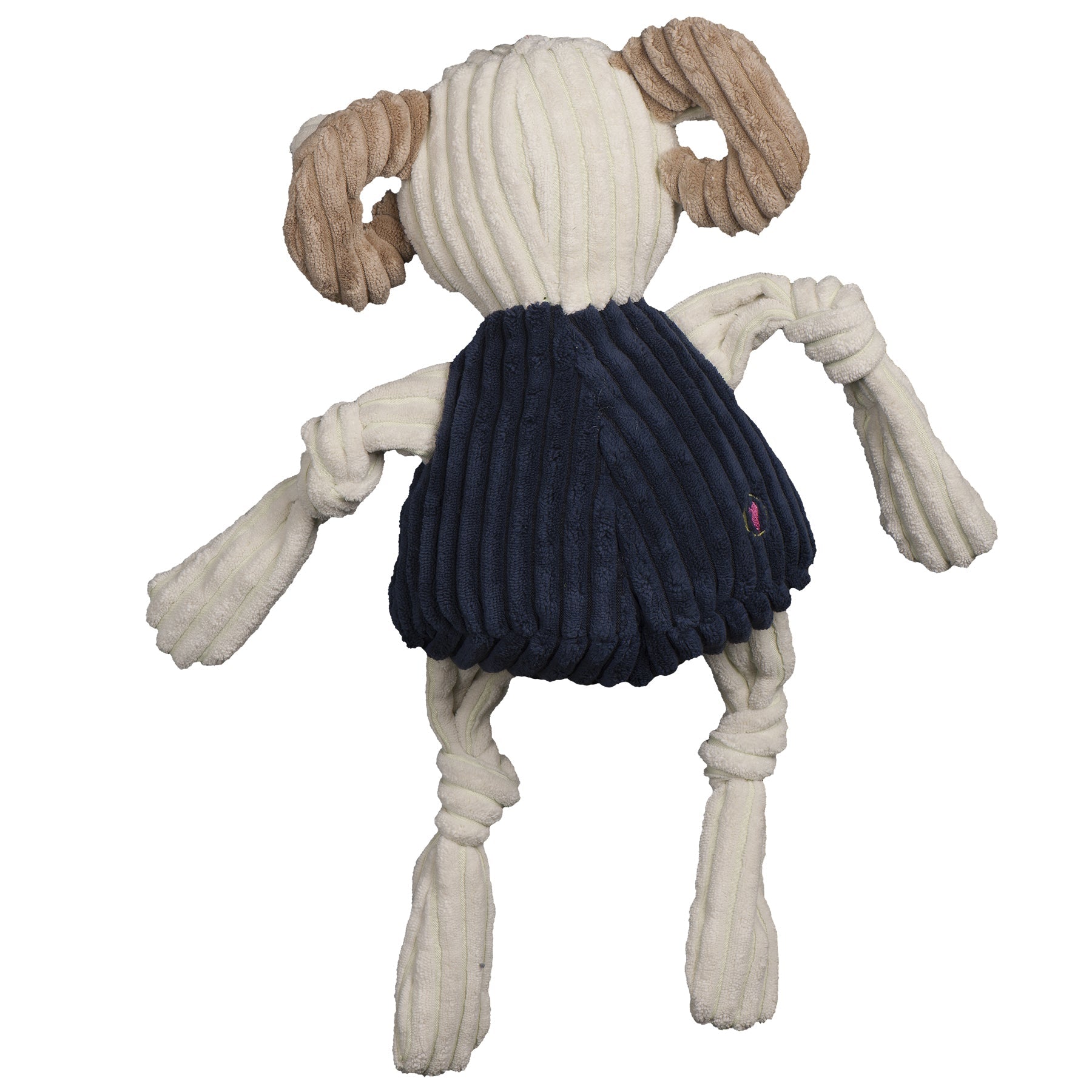 Dog toy with braided rope legs and a dark blue ribbed body on a white background