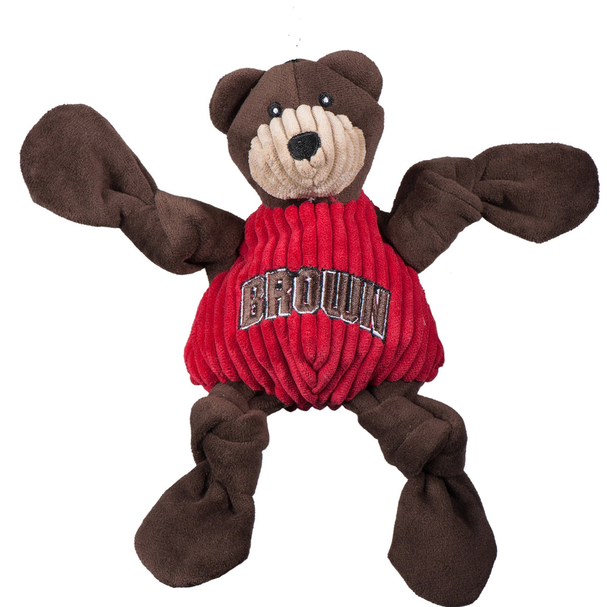 Plush bear toy with a red sweater displaying 'Brown' on a white background