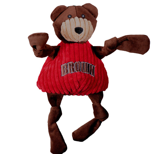 Plush teddy bear toy wearing a red sweater with 'Brown' text on a white background