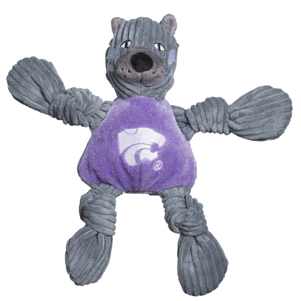 Dog toy with gray plush body and purple torso featuring a logo on a white background