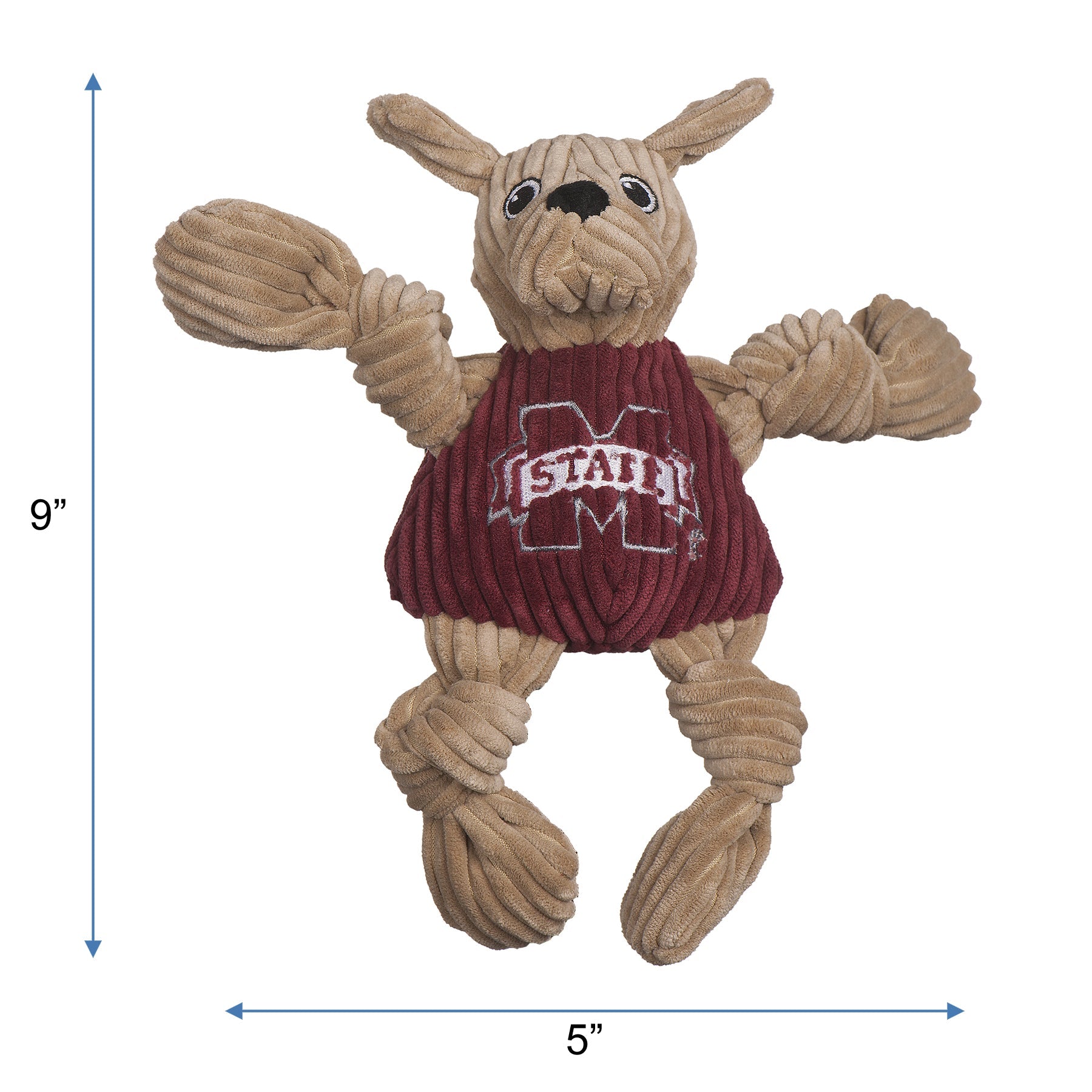 Dog toy resembling a dog in a maroon sweater with 'MSU' on a white background, showing dimensions.