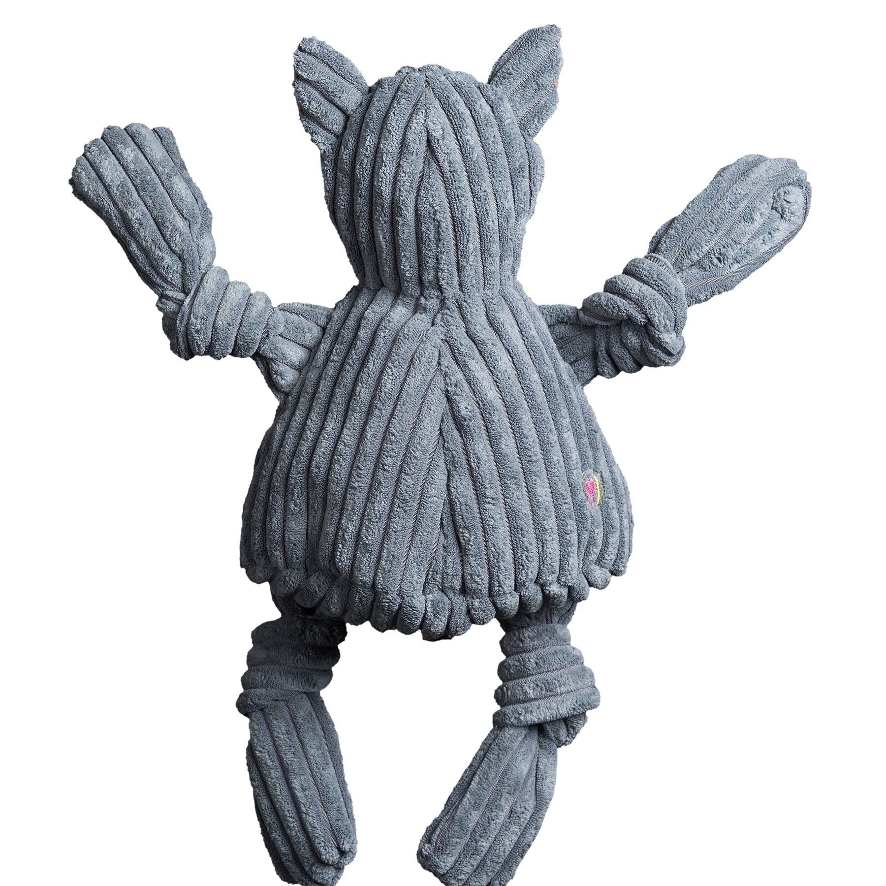 Gray knitted cat-shaped toy on a white background