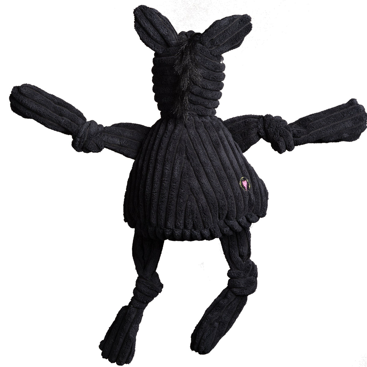 Black knitted dog toy shaped like a horse on a white background