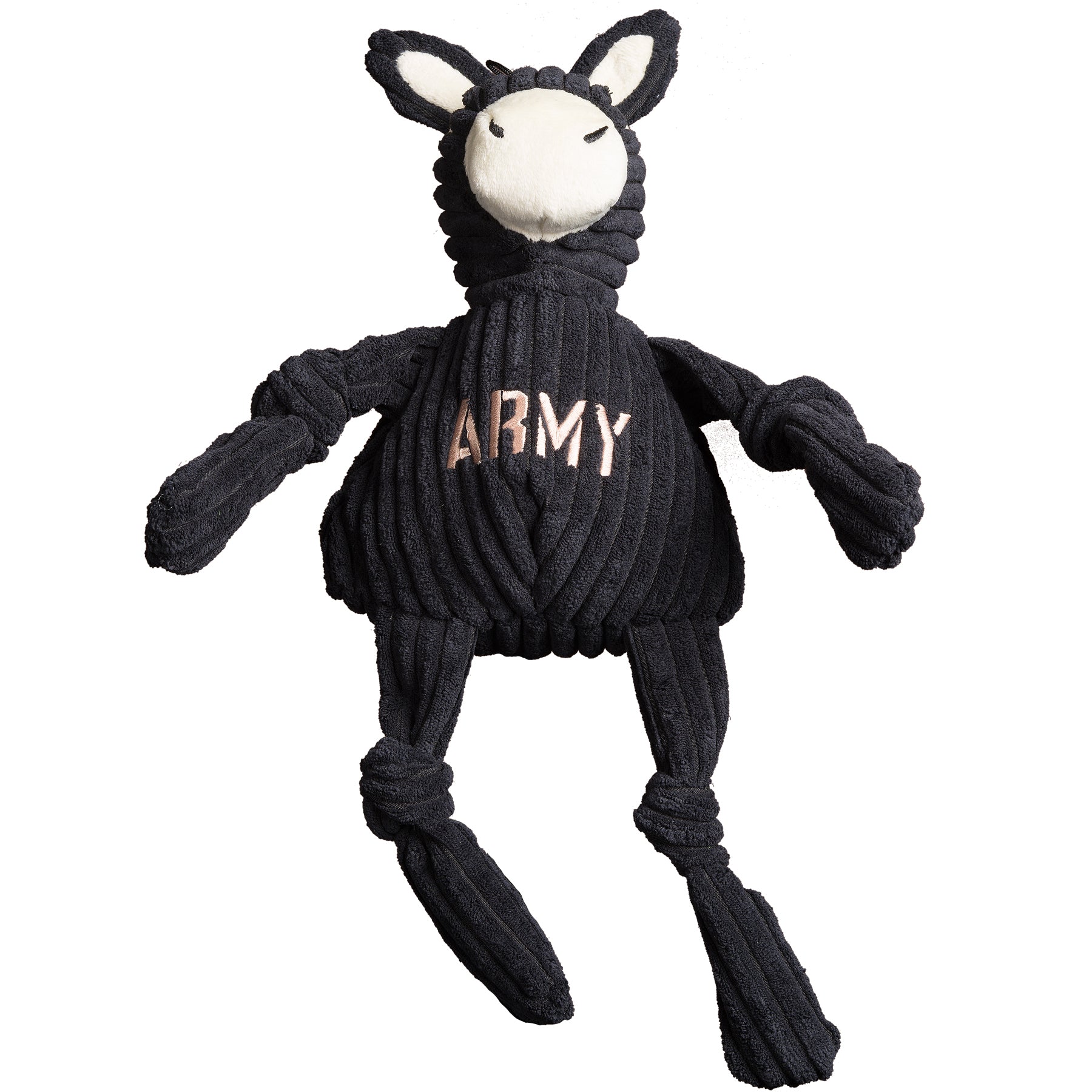 Dog toy shaped like a sheep wrapped in black rope with 'ARMY' text on a white background