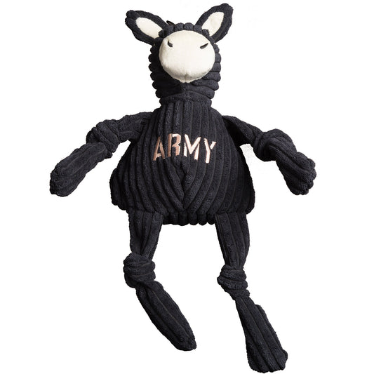 Dog toy shaped like a sheep wrapped in black rope with 'ARMY' text on a white background