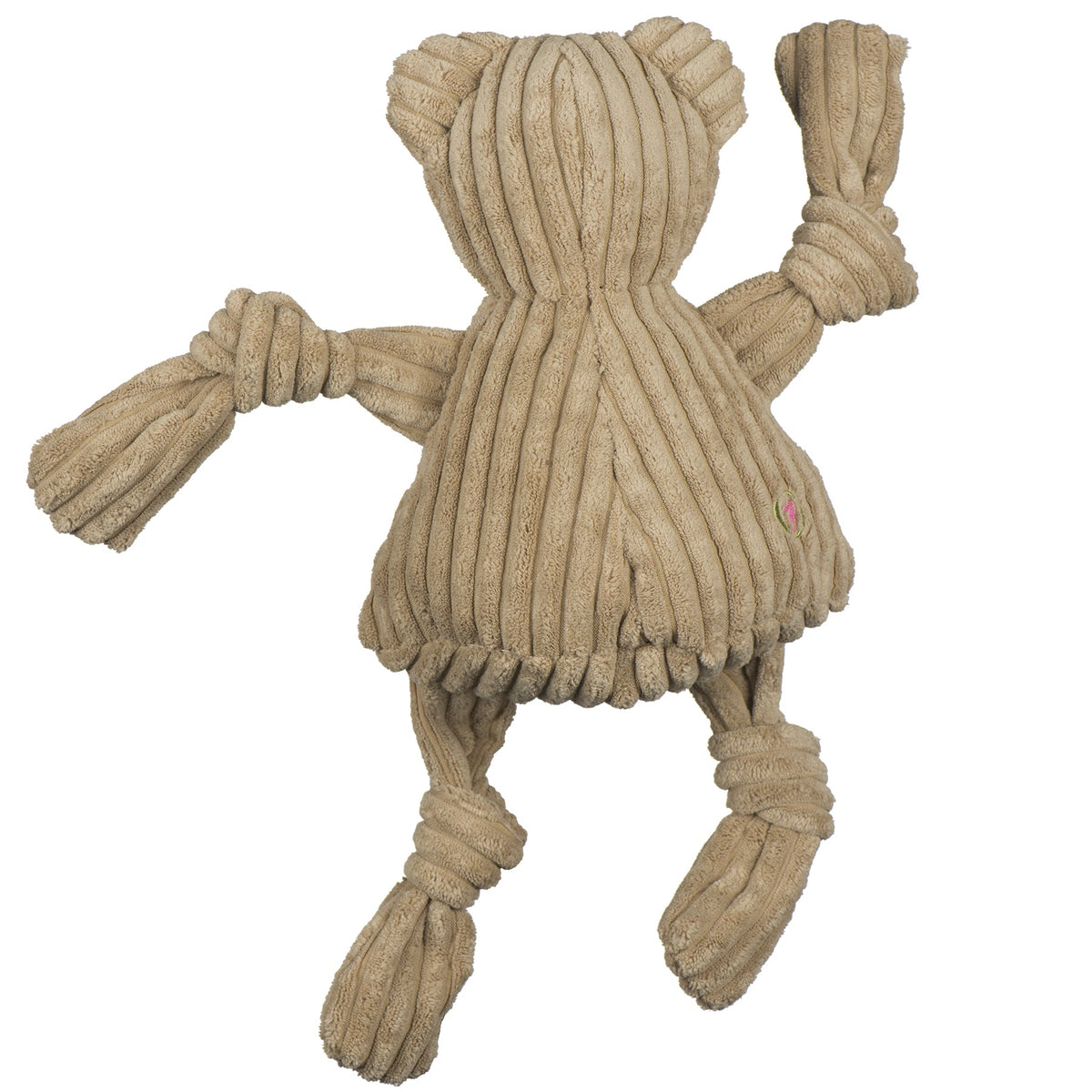 Beige knitted dog toy with rope handles on a white background