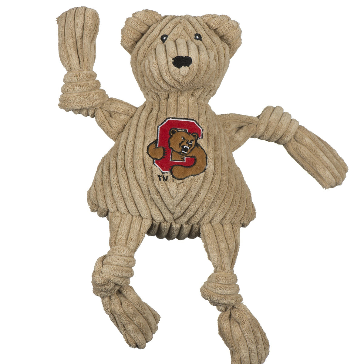 Beige knitted bear-shaped toy with a logo on a white background