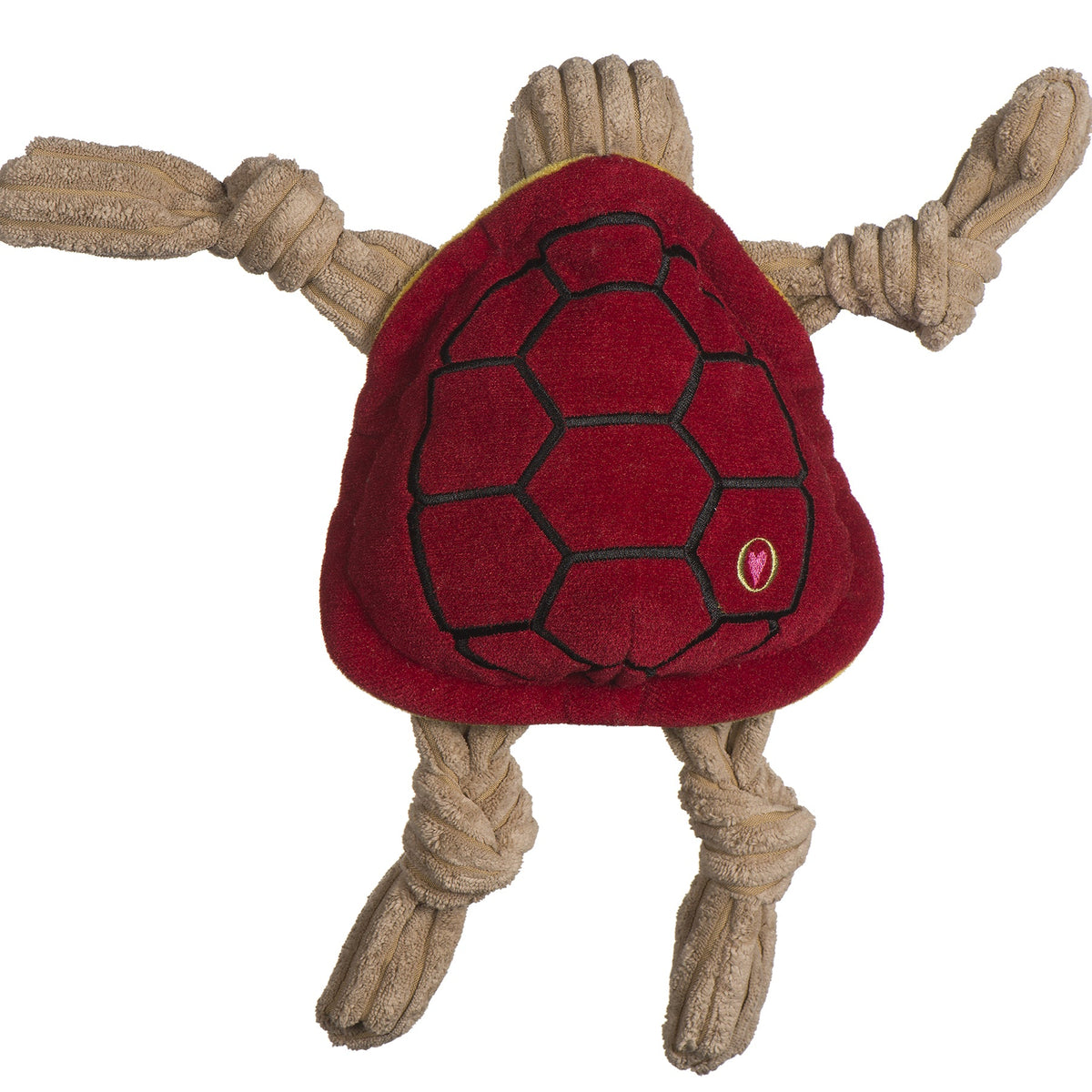 Red turtle shell toy with rope handles on a white background