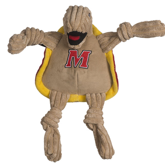 Dog toy resembling a turtle with a rope, beige shell with red 'M', and yellow body on a white background.