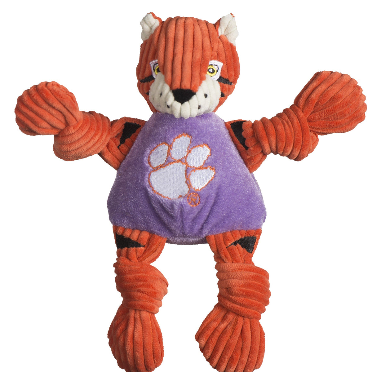 Plush toy with orange and purple design on a white background