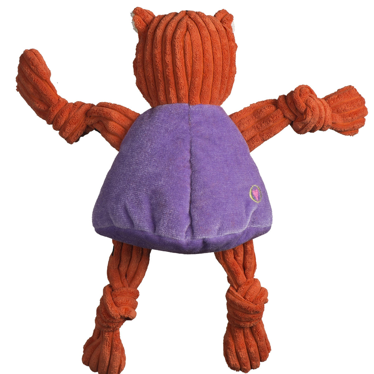 Orange knitted cat-shaped toy with a purple cushion on a white background