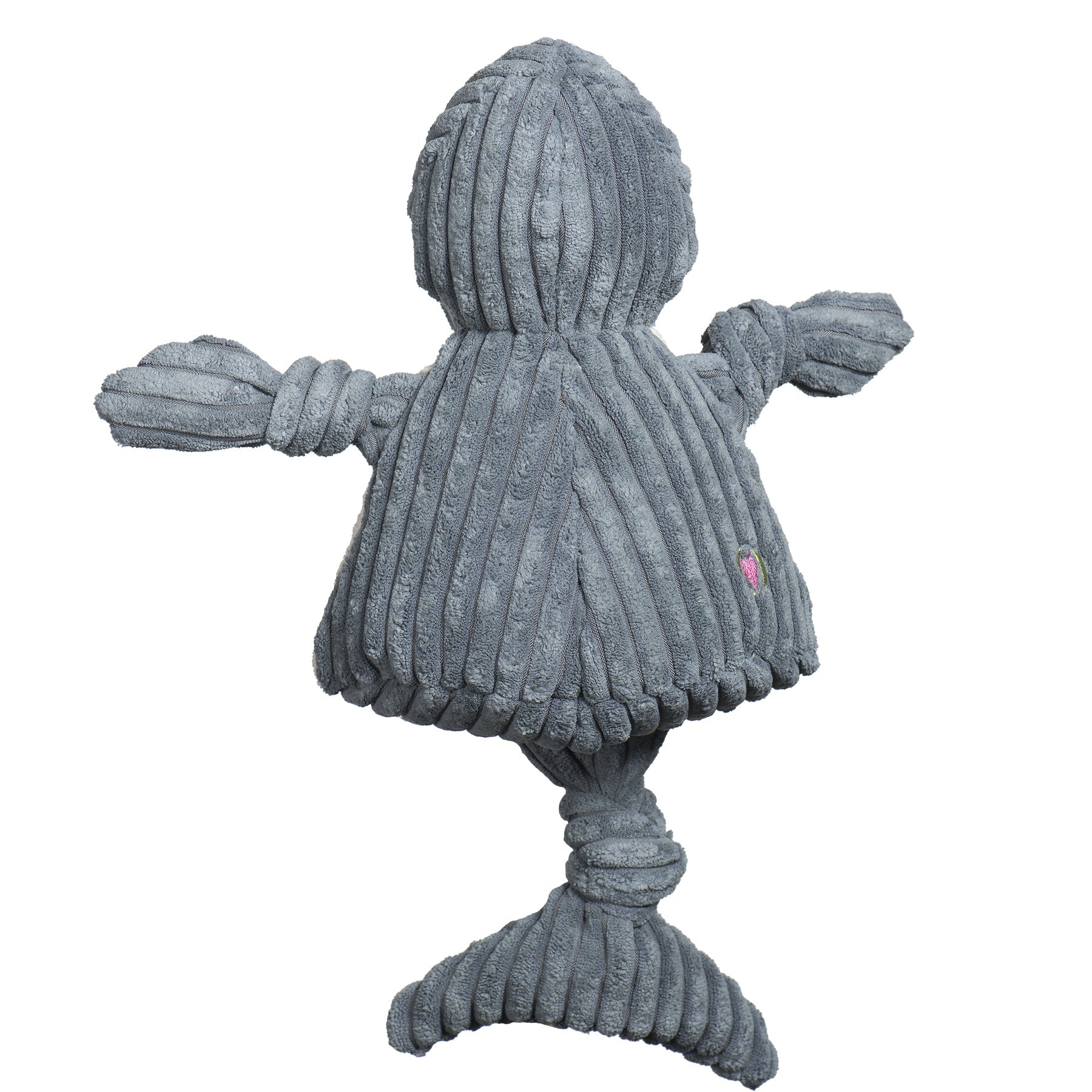 Gray knitted dog toy with a pink heart tag on a white background