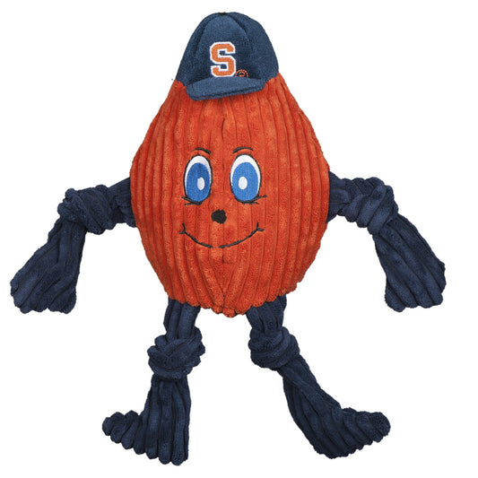 Dog toy shaped like a ribbed orange with blue arms and legs, wearing a blue cap with an 'S' logo on a white background.