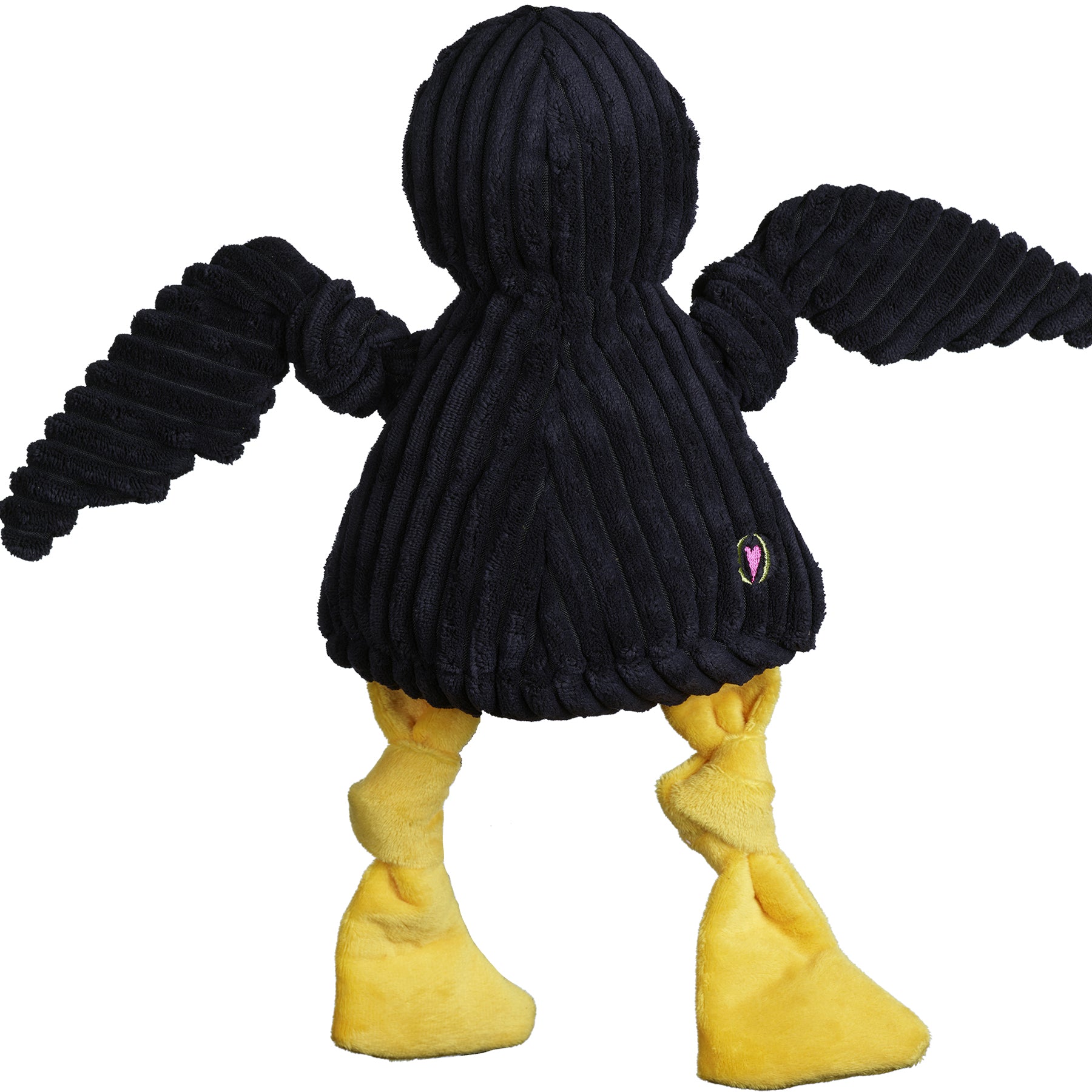 Black plush toy with yellow feet on a white background