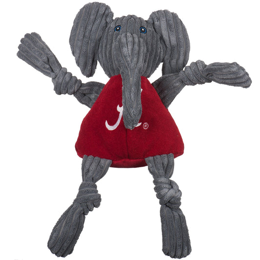 Gray elephant-shaped knotted toy with a red shirt on a white background
