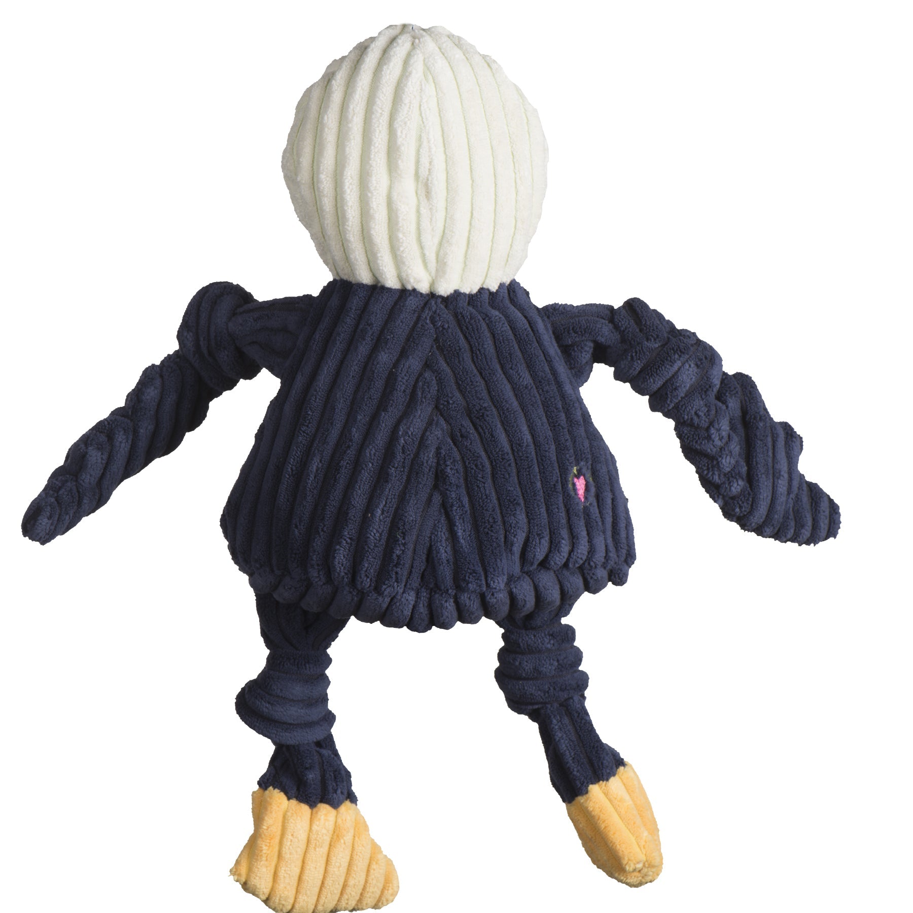 Navy blue knitted toy with a white ball on top against a white background