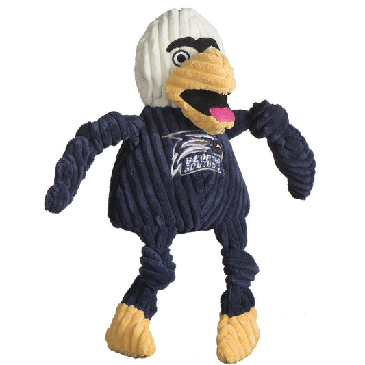 Dog toy resembling a bird in a blue jersey on a white background
